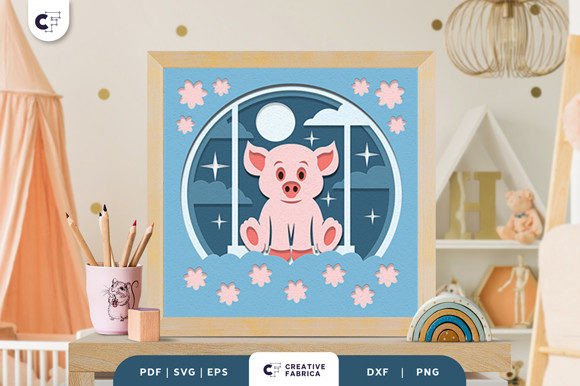Baby Pig 3D Shadow Box Paper Cut