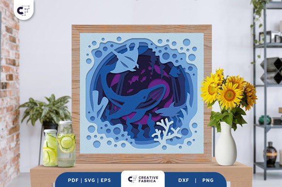 Humpback Whale and Stingray 3D Paper Cut SVG