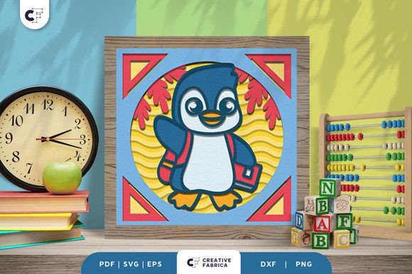 Penguin Goes to School 3D Shadow Box SVG